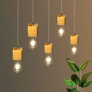 NETTLIFE Suspension 5 flammes E27 bois Rétro Diam.60cm pour salle à manger cuisine salon, sans ampoule Éclairage chaud 2700K