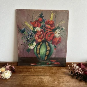 Peinture bouquet de fleurs sur bois signée année 1936