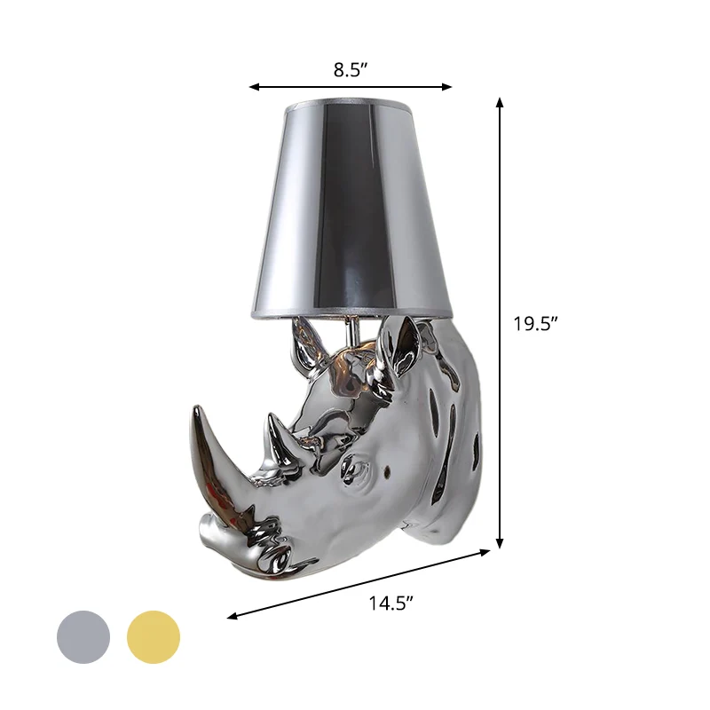 Wandleuchte aus Kunstharz Silber/Gold, Nashorn, 1 Licht, rustikale Wandbeleuchtung für Schlafzimmer mit kegelförmigem Stof...
