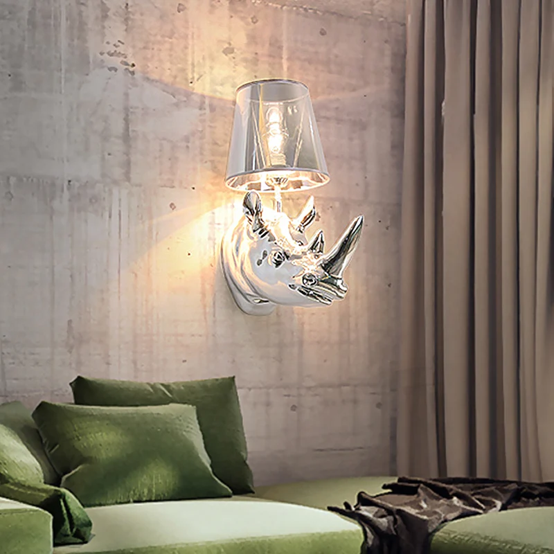 Wandleuchte aus Kunstharz Silber/Gold, Nashorn, 1 Licht, rustikale Wandbeleuchtung für Schlafzimmer mit kegelförmigem Stof...