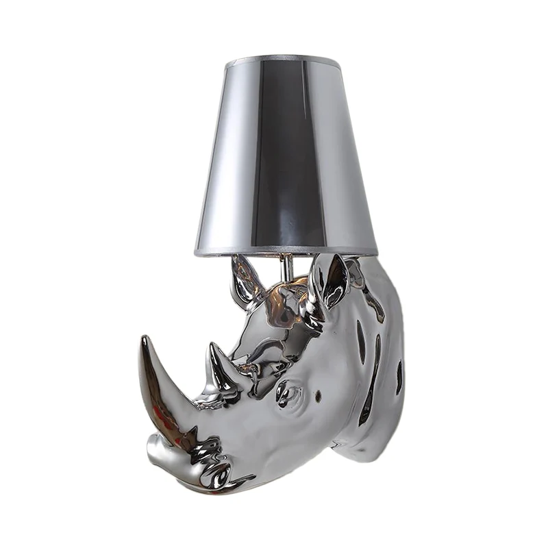 Wandleuchte aus Kunstharz Silber/Gold, Nashorn, 1 Licht, rustikale Wandbeleuchtung für Schlafzimmer mit kegelförmigem Stof...