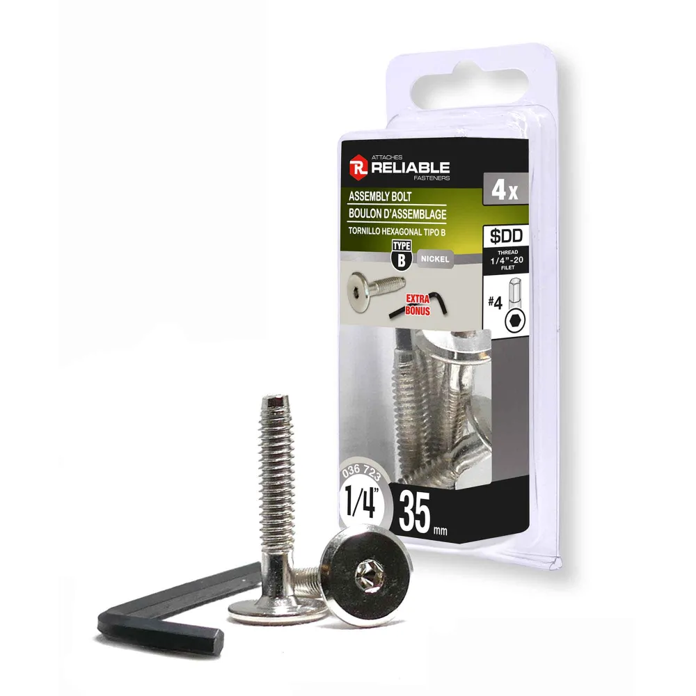 Boulon d'assemblage de Type JCB, 1/4'' x 35 mm (nickel et majeur hexagonale) - 4 unités Acier trempé