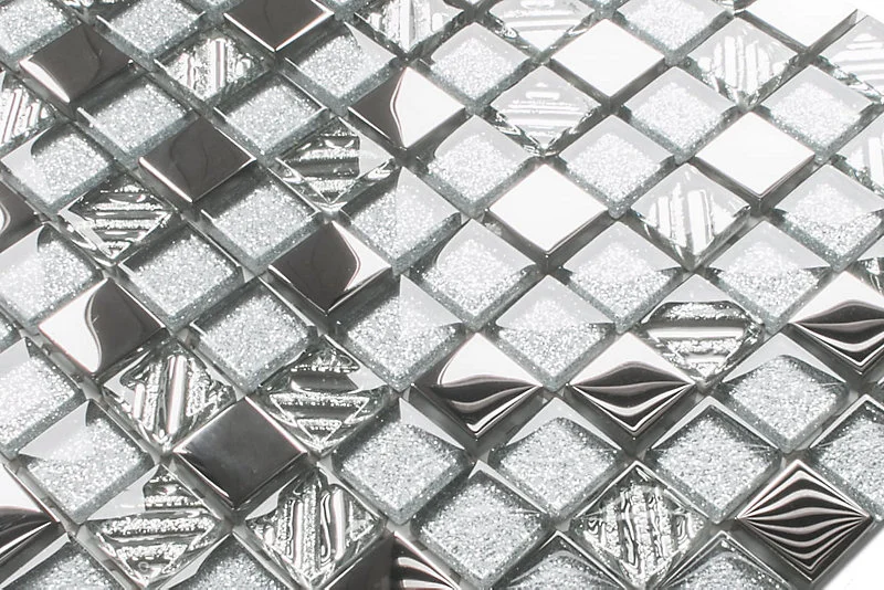 Mosaïque en verre sur filet pour salle de bain ou cuisine 30 cm x 30 cm - Effet argent energy