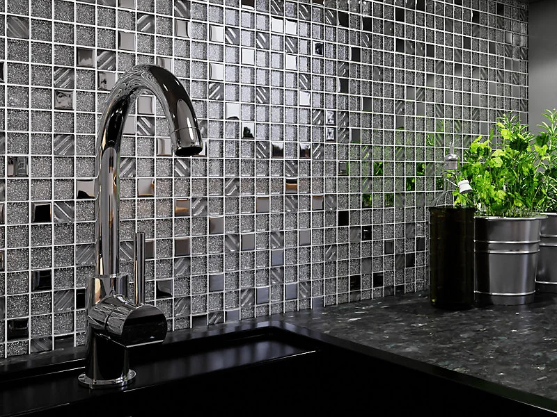 Mosaïque en verre sur filet pour salle de bain ou cuisine 30 cm x 30 cm - Effet argent energy