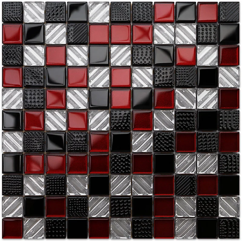 Mosaïque en verre sur filet pour salle de bain ou cuisine 30 cm x 30 cm - Red samurai
