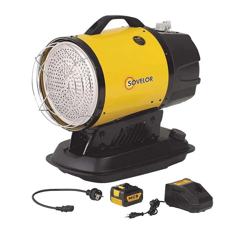 Chauffage radiant transportable à combustion directe SOVELOR MINISUN DC 17Kw 200W 230V/50Hz ou batterie 14V