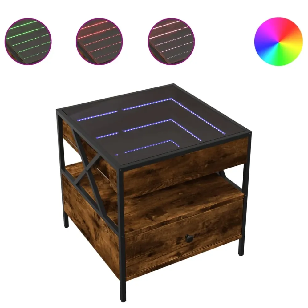 Table de chevet avec tiroir et étagère design contemporain avec LED 50 x 50 x 51 cm bois d'ingénieri marron verre et métal...