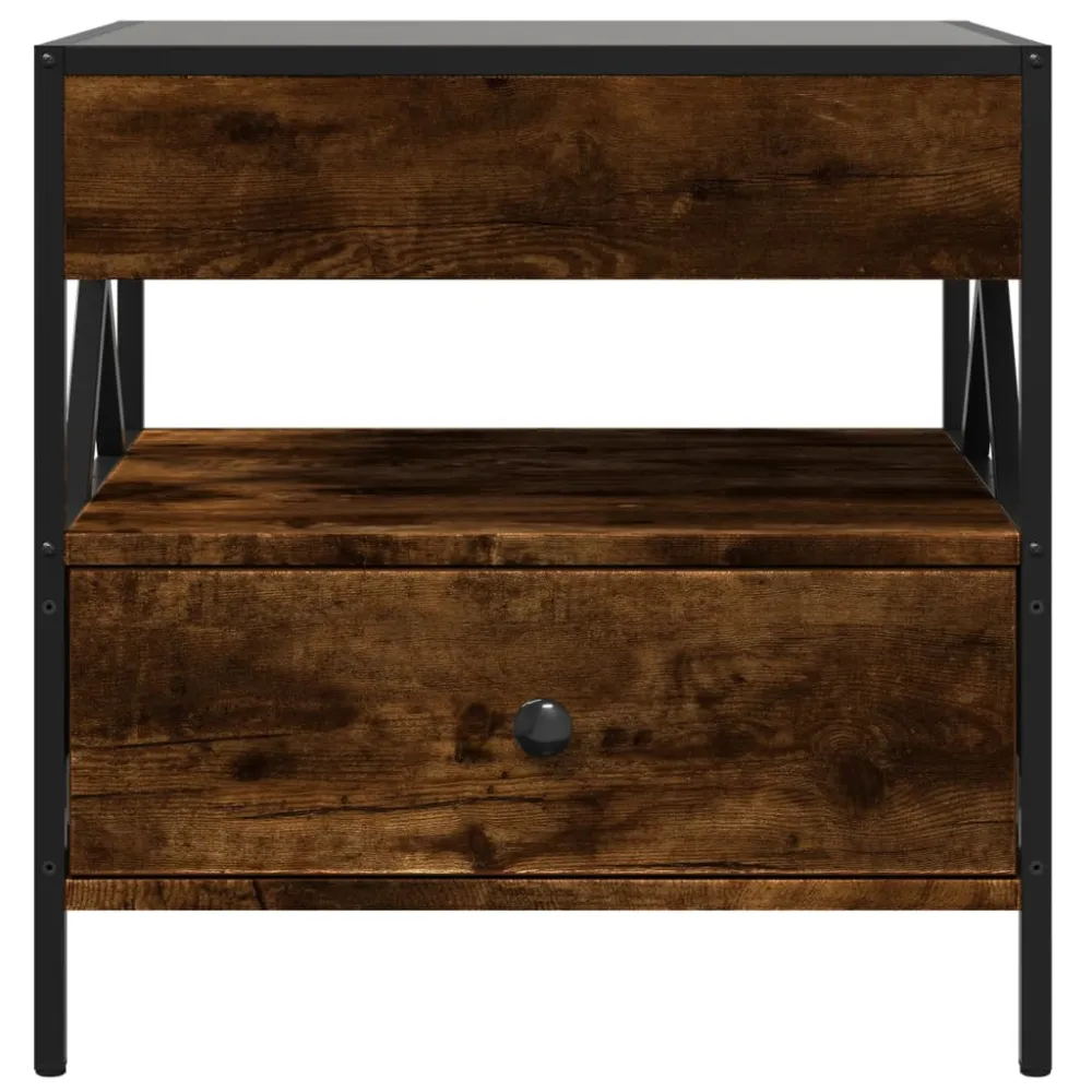 Table de chevet avec tiroir et étagère design contemporain avec LED 50 x 50 x 51 cm bois d'ingénieri marron verre et métal...