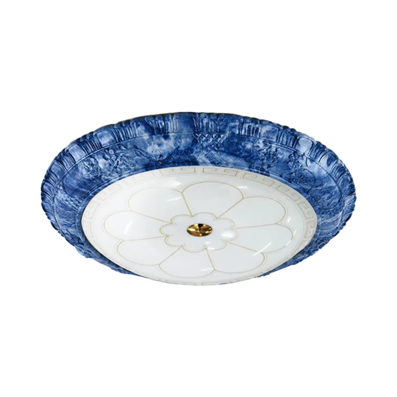 Bol encastré de plafond bleu en verre à motifs blancs, éclairage encastré rétro à LED de grand de 14 "/16"/19,5 pouces
