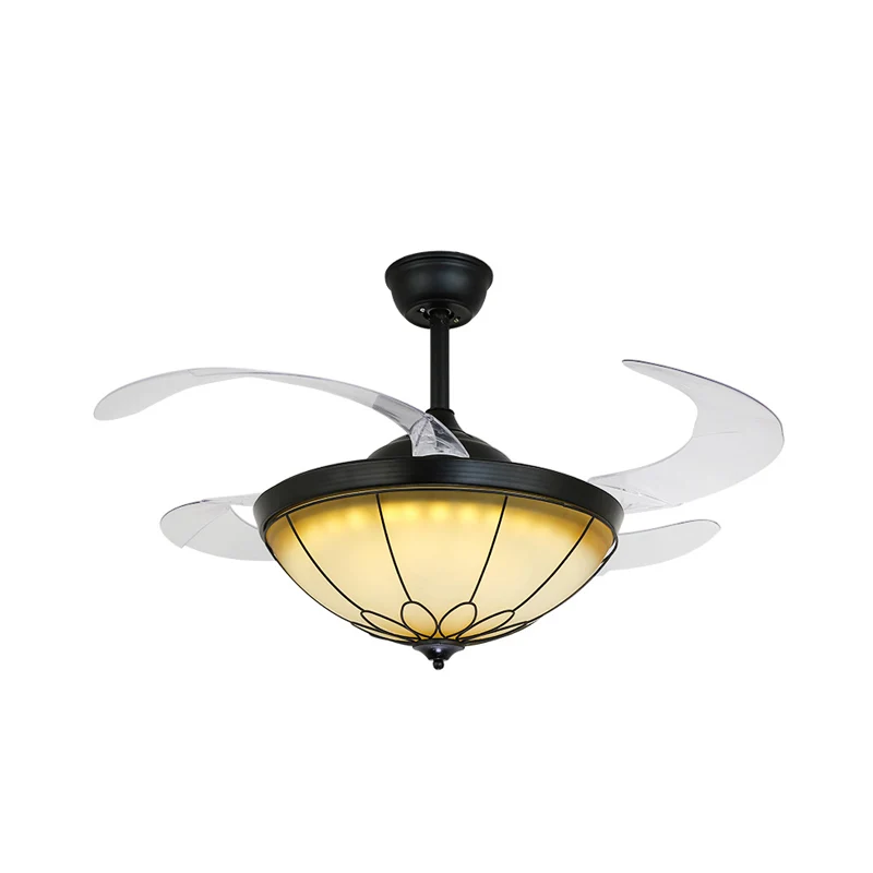 Lampe à montage semi-encastré à dôme LED de 42 po de W, ventilateur de plafond classique en verre opale noir à 4 pales pou...