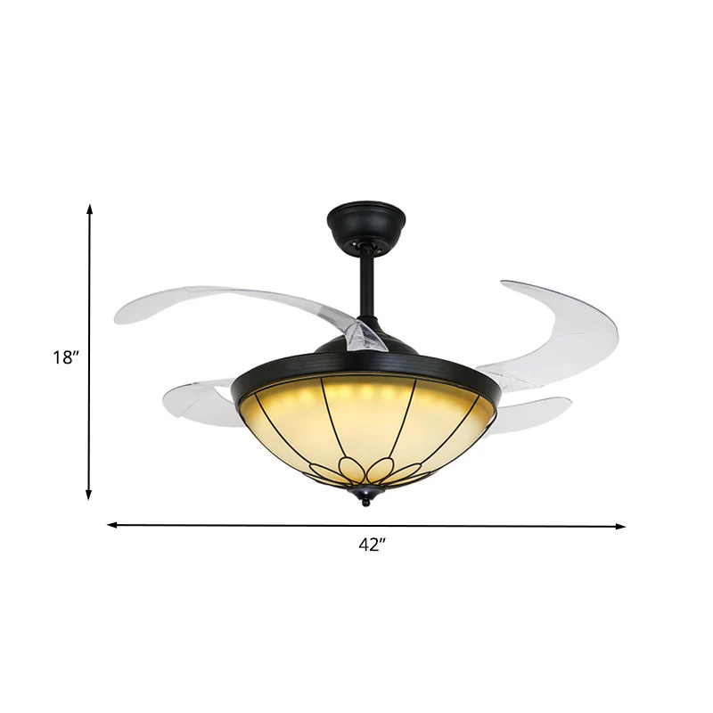 Lampe à montage semi-encastré à dôme LED de 42 po de W, ventilateur de plafond classique en verre opale noir à 4 pales pou...