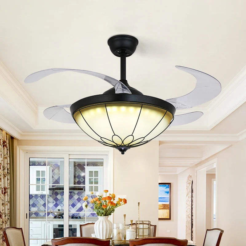 Lampe à montage semi-encastré à dôme LED de 42 po de W, ventilateur de plafond classique en verre opale noir à 4 pales pou...