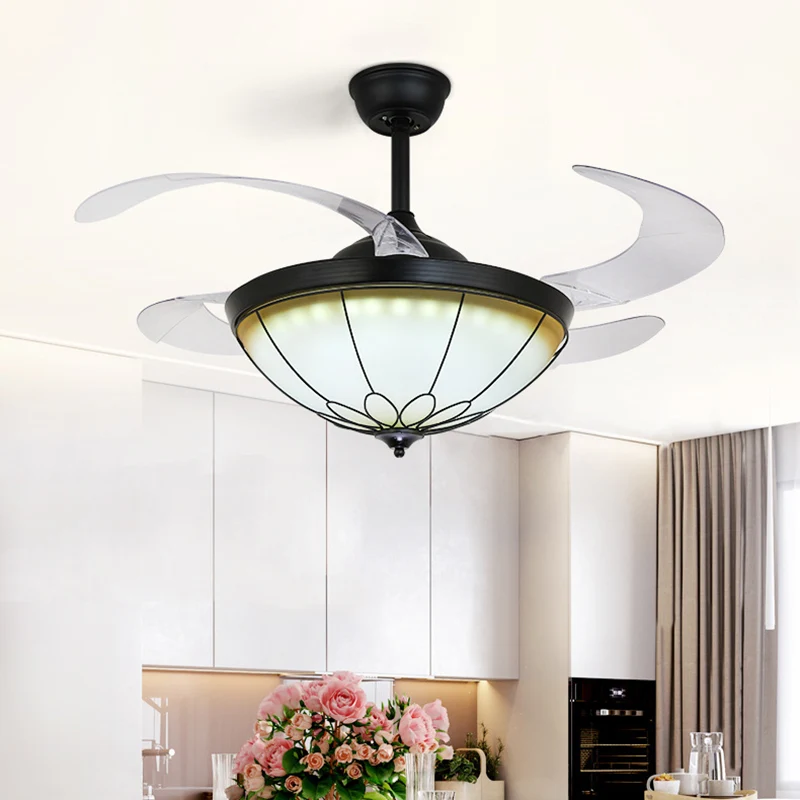 Lampe à montage semi-encastré à dôme LED de 42 po de W, ventilateur de plafond classique en verre opale noir à 4 pales pou...