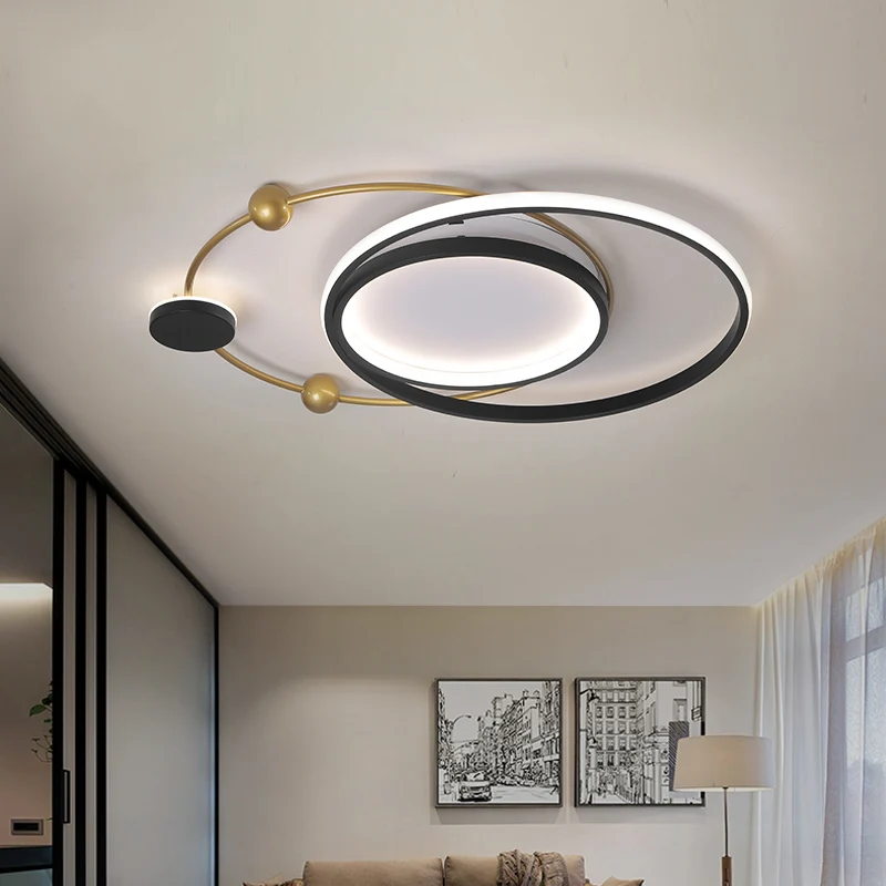 Luminaire encastré au plafond métallique circulaire, lampe LED minimaliste noire et dorée à lumière chaude/blanche