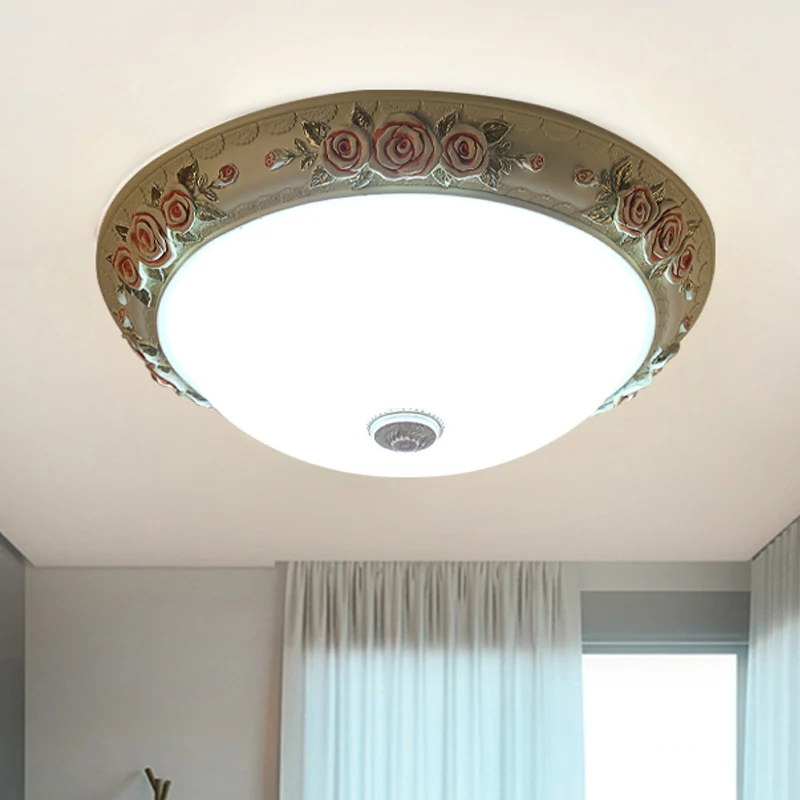 Luminaire encastré en verre blanc, plafonnier LED vintage au design bombé avec accent floral, 12"/16"/19,5" de grand