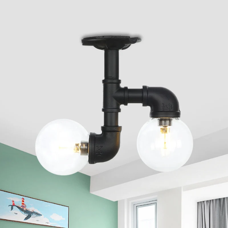 Luminaire semi-encastré pour couloir à billes, verre transparent vieux, 2 ampoules, plafonnier LED noir