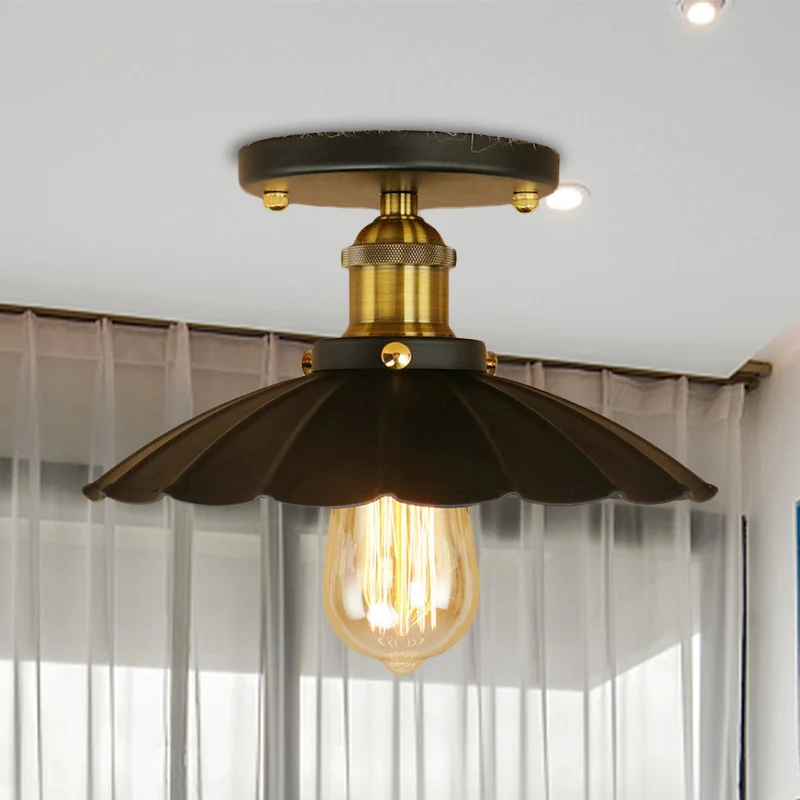 Plafonnier semi-encastré pour balcon à bords festonnés, style nostalgique, en métal, 1 lumière, noir/rouille