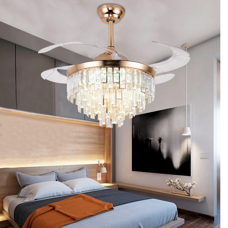 Ventilateur de plafond conique à 4 pales à plusieurs niveaux, éclairage tendance, prisme en cristal, LED or rose, montage...