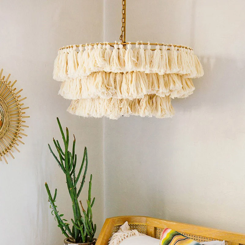 Éclairage de plafond rond à plusieurs niveaux de simplicité, luminaire de lustre à franges tissé à la main à 3 têtes