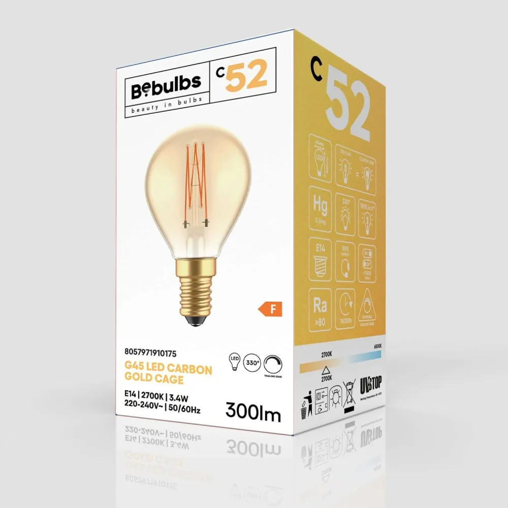 Ampoule LED Dorée Carbon Line filament vertical Mini globe G45 3,4W 300Lm E14 2700K Dimmerable - C52