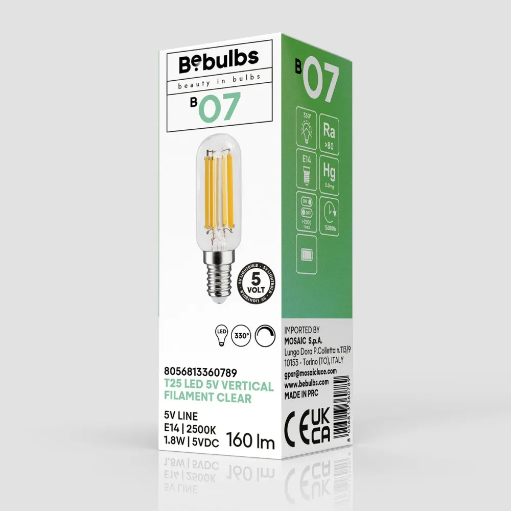 Ampoule LED Transparente Linea 5V Tubulaire T25 1,8W 160Lm E14 2500K Dimmable - B07