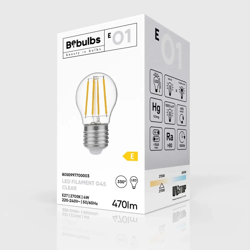 Ampoule LED Transparente Mini Globe G45 4W 470Lm E27 2700K - E01