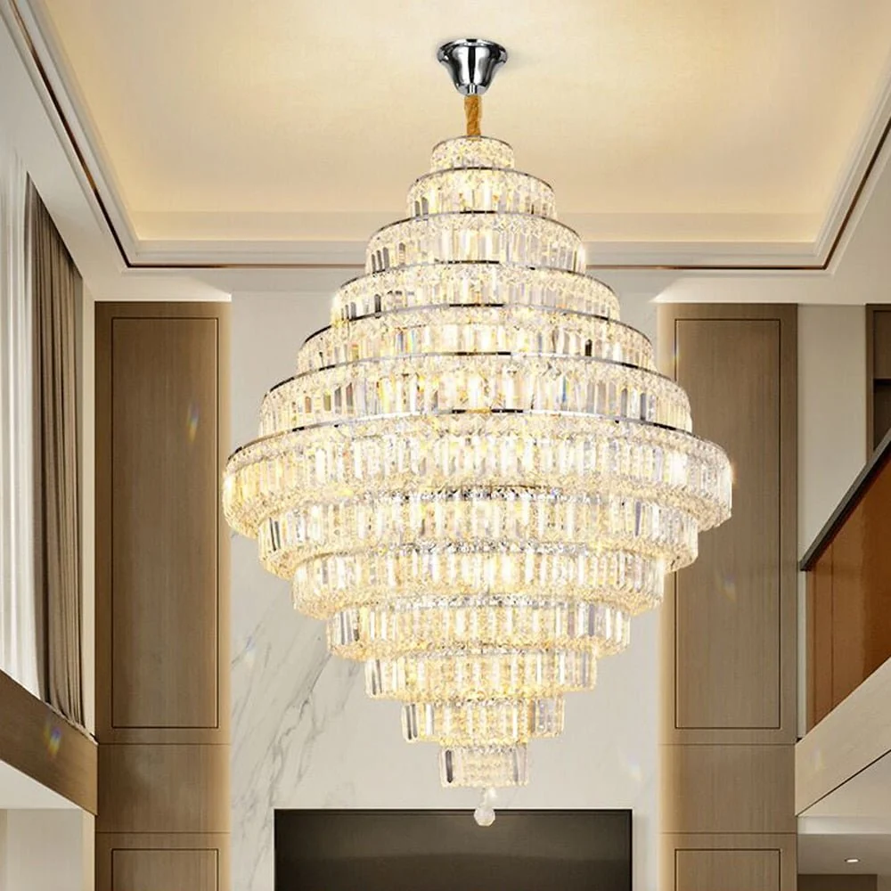 Lustre de luxe en cristal pour le hall d'entrée Long Staircase Fixtures Silver ATY Home Decor