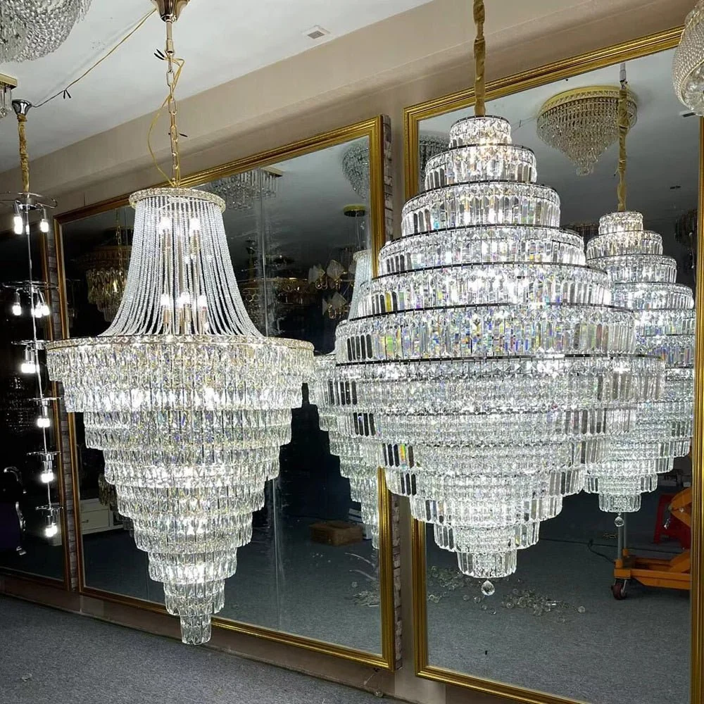 Lustre de luxe en cristal pour le hall d'entrée Long Staircase Fixtures Silver ATY Home Decor