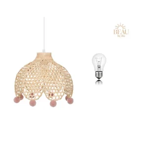 BEAU Bo Lampe enfant en bambou avec pompons roses et ampoule assortie