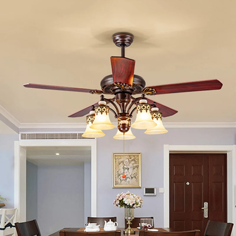 42,5"/52" W Bois foncé 3/5 lumières Ventilateur de plafond Lumière classique en verre dépoli Abat-jour semi-encastré, chaî...