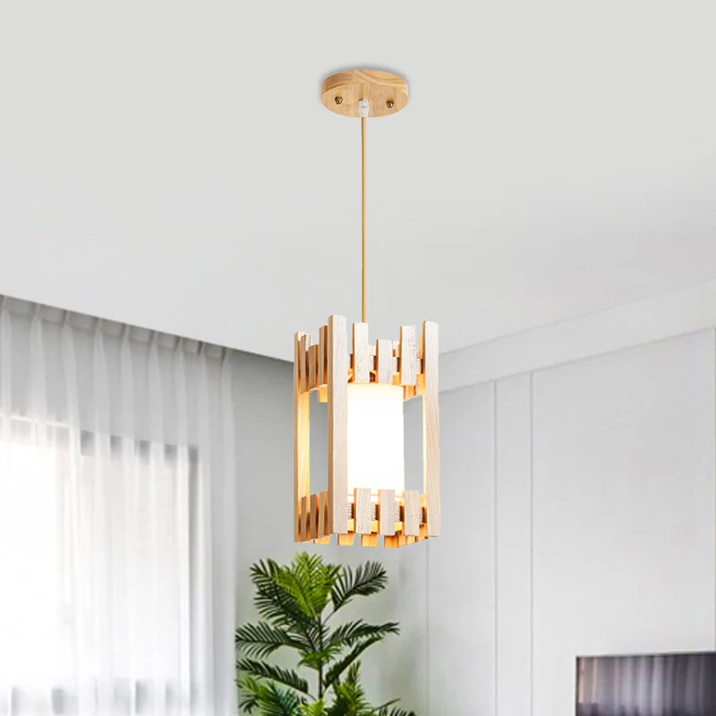 Abat-jour cylindrique Bistro Suspension Tissu 1 Tête Asie Suspension Éclairage avec Protection Cage En Bois Clearhalo