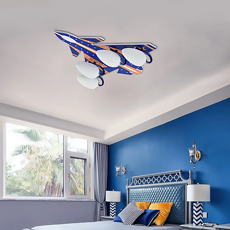 Abat-jour d'avion pour salle d'étude, montage au plafond en bois clair, 4 lumières, plafonnier de style américain Clearhalo
