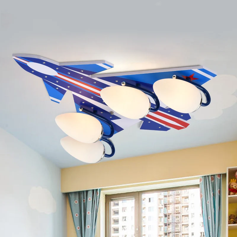 Abat-jour d'avion pour salle d'étude, montage au plafond en bois clair, 4 lumières, plafonnier de style américain Clearhalo