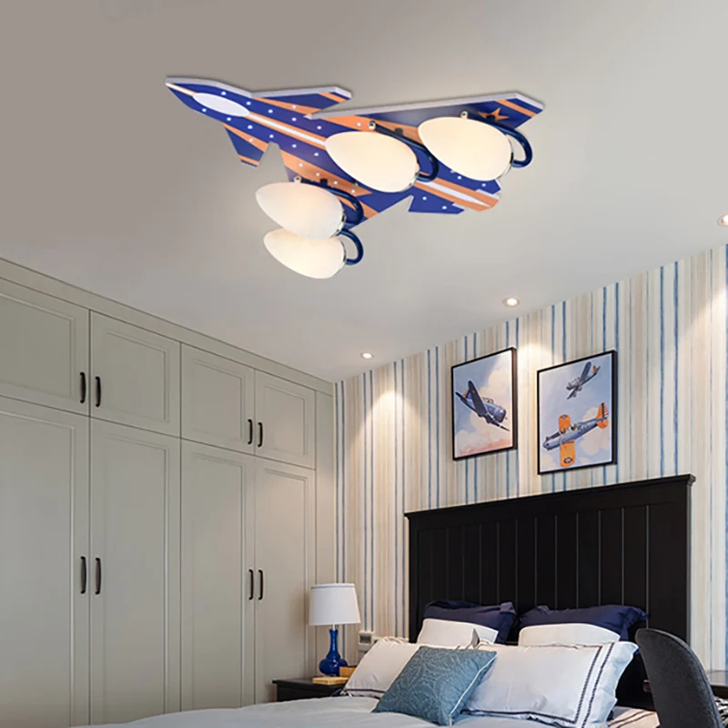 Abat-jour d'avion pour salle d'étude, montage au plafond en bois clair, 4 lumières, plafonnier de style américain Clearhalo