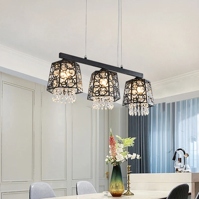 Abat-jour ironique noir suspendu île lumière moderne cristal gouttelette 3 têtes cuisine pendentif luminaire Clearhalo