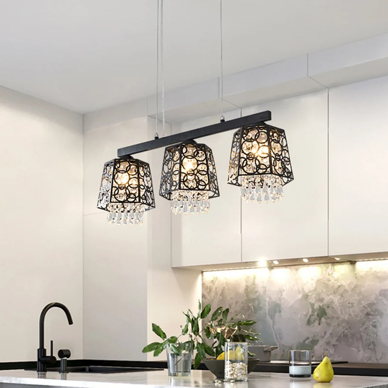 Abat-jour ironique noir suspendu île lumière moderne cristal gouttelette 3 têtes cuisine pendentif luminaire Clearhalo