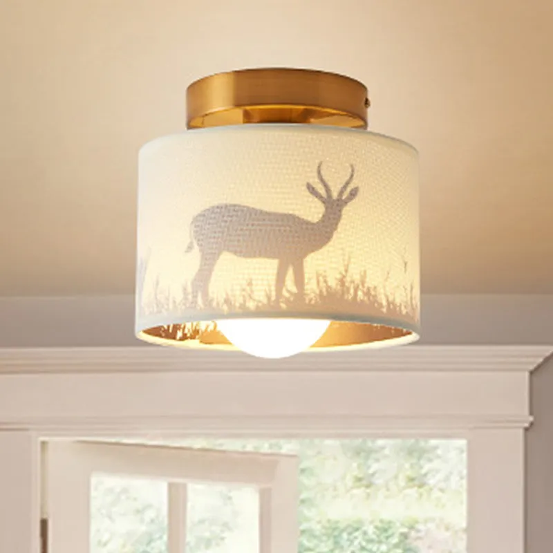 Abat-jour tambour à 1 lumière, plafonnier semi-encastré, finition laiton traditionnel, éclairage de plafond en tissu avec...