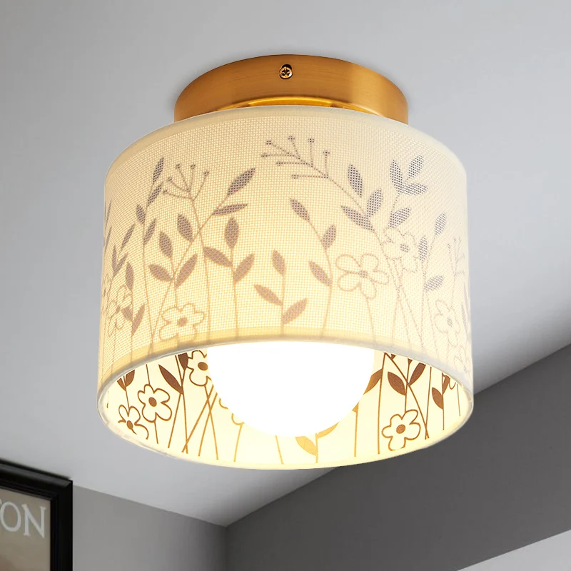 Abat-jour tambour à 1 lumière, plafonnier semi-encastré, finition laiton traditionnel, éclairage de plafond en tissu avec...