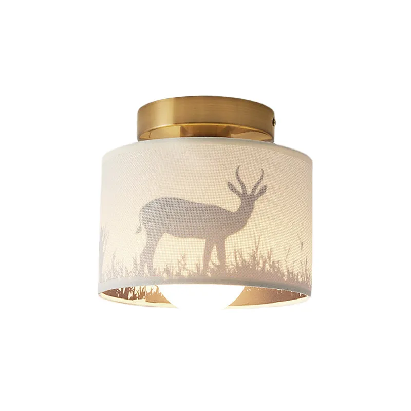 Abat-jour tambour à 1 lumière, plafonnier semi-encastré, finition laiton traditionnel, éclairage de plafond en tissu avec...