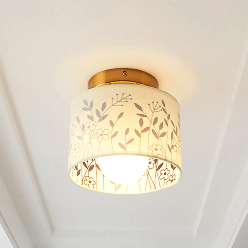 Abat-jour tambour à 1 lumière, plafonnier semi-encastré, finition laiton traditionnel, éclairage de plafond en tissu avec...