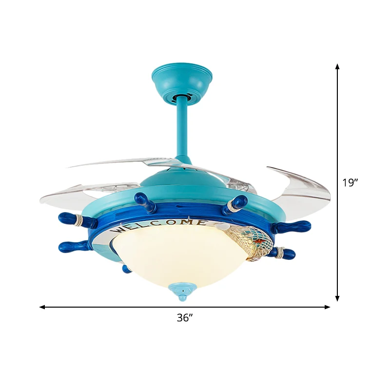 36 "W acrylique bleu Semi encastré éclairage gouvernail LED enfants 4 pales suspendus ventilateur de plafond lampe pour ch...
