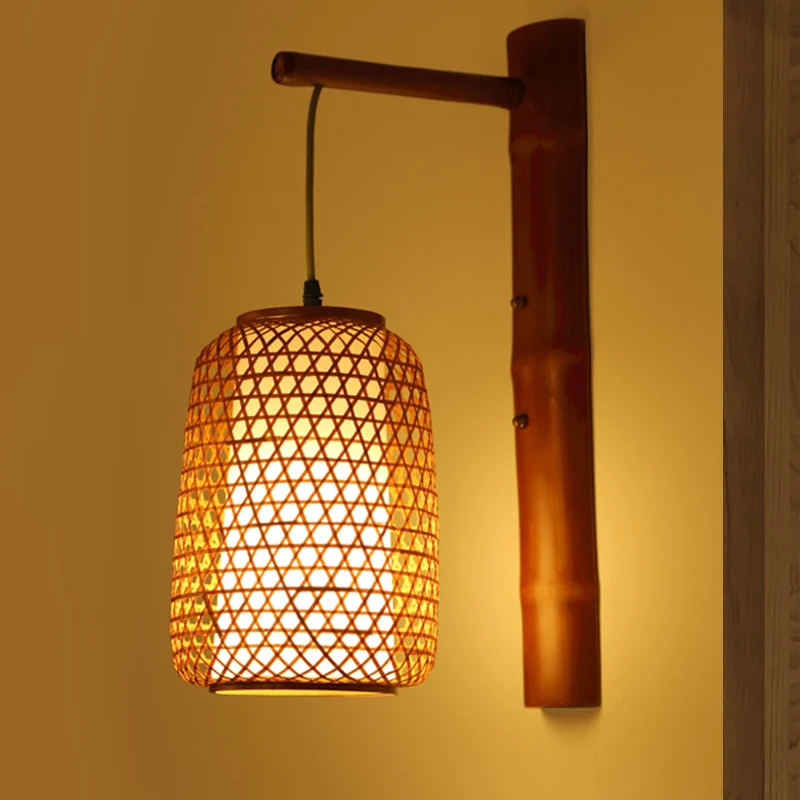Applique en bambou faite à la main en Asie, 1 ampoule, luminaire mural rouge marron avec abat-jour tubulaire intérieur en...