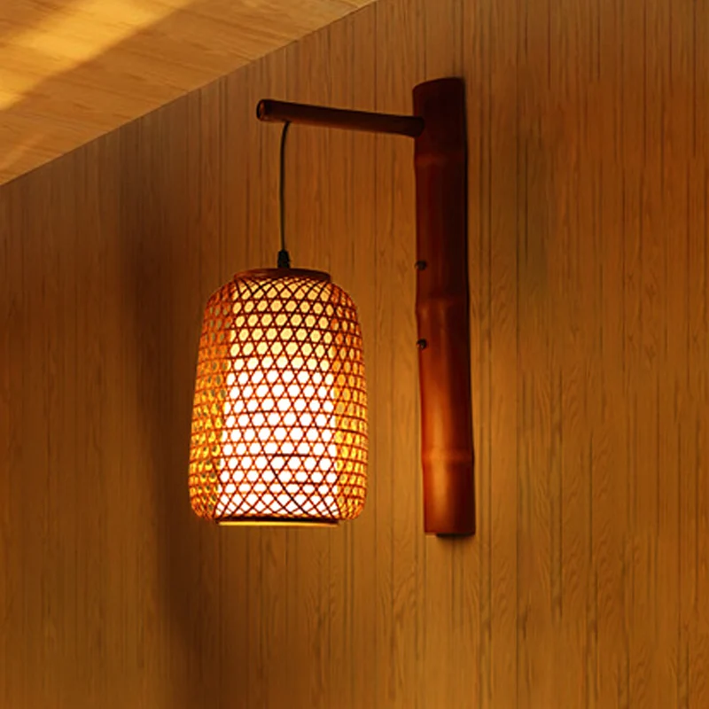 Applique en bambou faite à la main en Asie, 1 ampoule, luminaire mural rouge marron avec abat-jour tubulaire intérieur en...