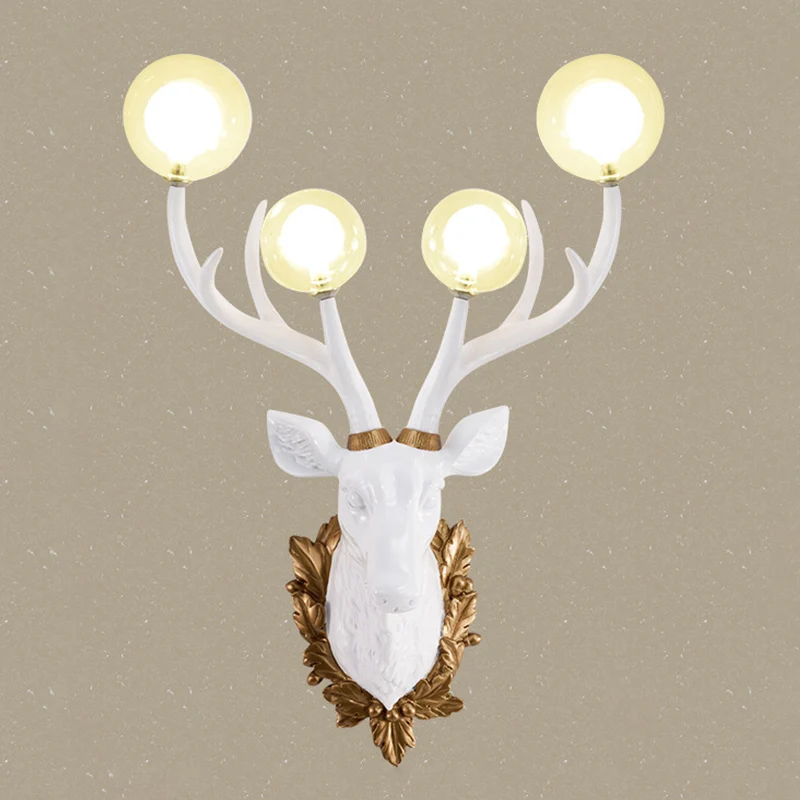 Applique blanche à 4 lumières en résine Antique, boule en forme de cerf, abat-jour en verre transparent, luminaire mural C...