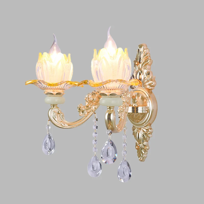 Applique chandelier classique à 2 lumières, applique murale en cristal avec bras sculpté et plaque arrière en rose/jaune/O...