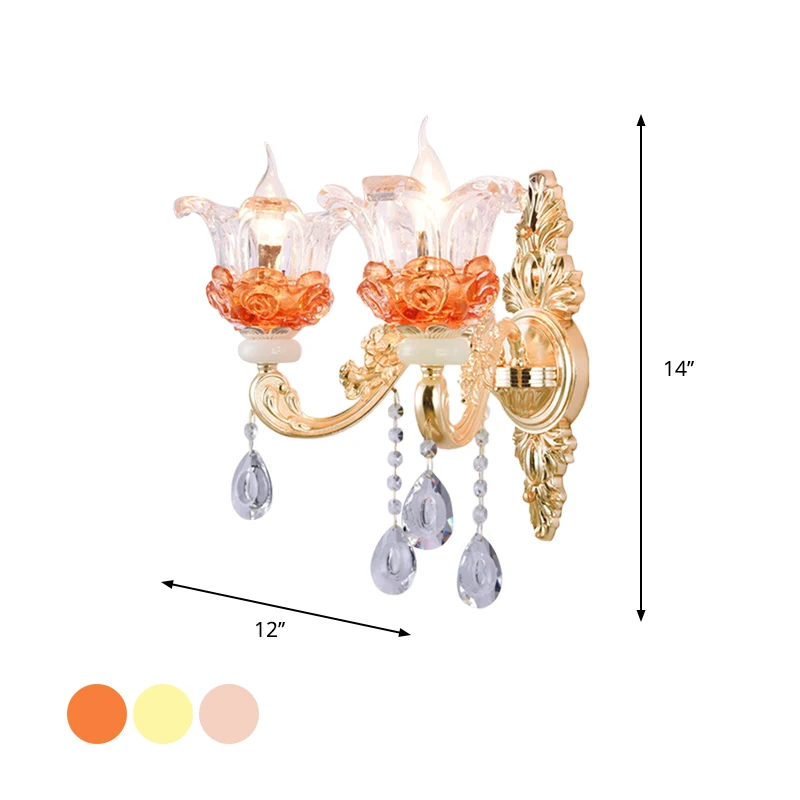 Applique chandelier classique à 2 lumières, applique murale en cristal avec bras sculpté et plaque arrière en rose/jaune/O...