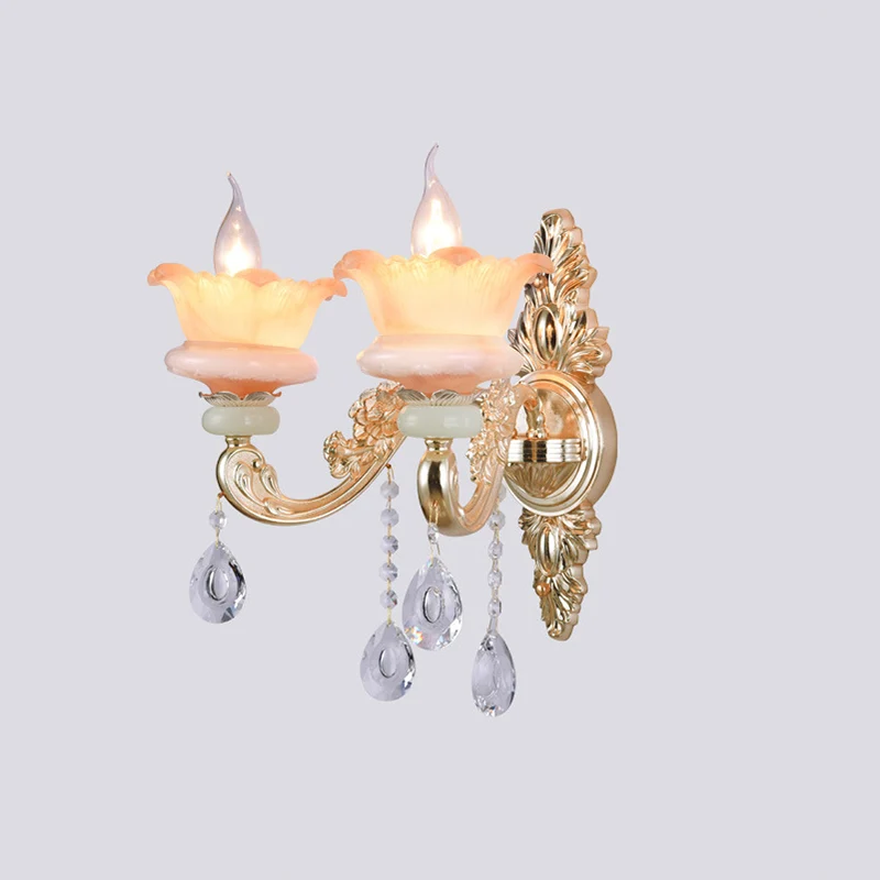 Applique chandelier classique à 2 lumières, applique murale en cristal avec bras sculpté et plaque arrière en rose/jaune/O...