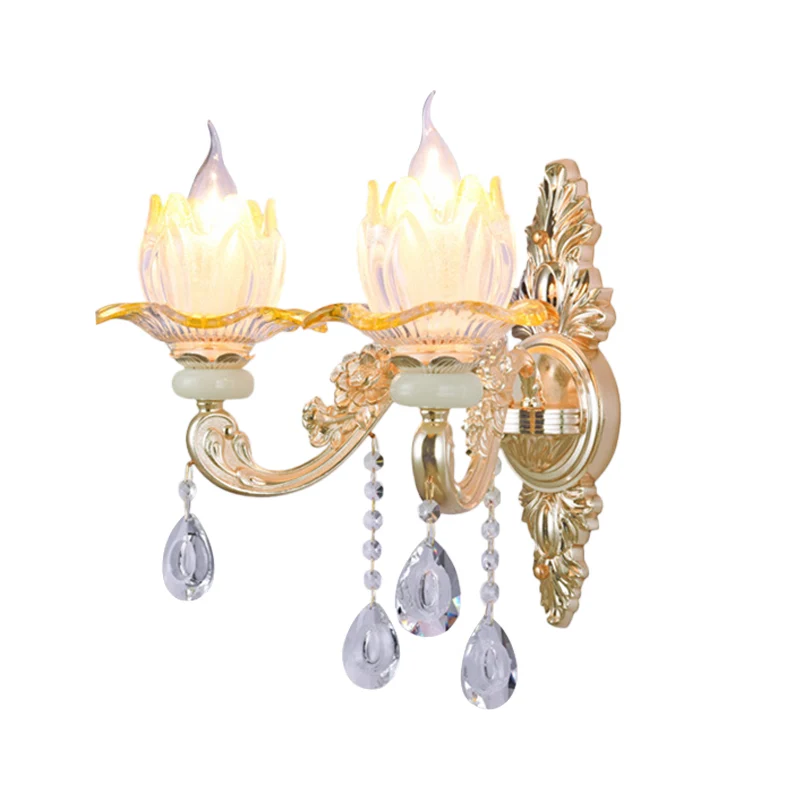 Applique chandelier classique à 2 lumières, applique murale en cristal avec bras sculpté et plaque arrière en rose/jaune/O...