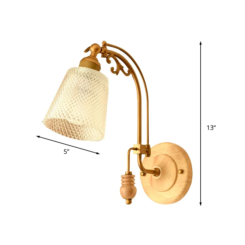 Applique conique à 1 ampoule Tradition, luminaire mural en verre prismatique en laiton avec bras incurvé Clearhalo