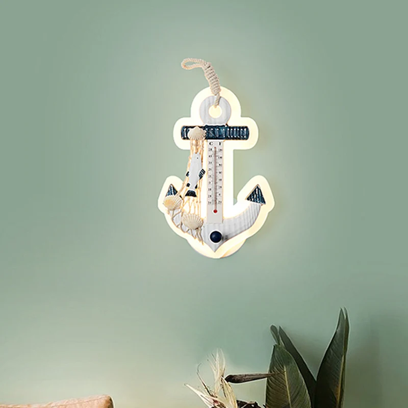 Applique en forme d'ancre luminaire bois méditerranéen LED lampe murale bleu-blanc Clearhalo